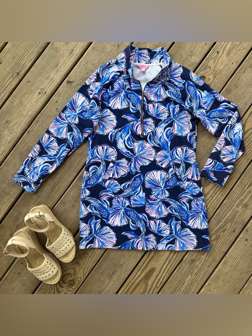 Lilly Pulitzer UPF 50 Skipper Popover Dress Bright Navy in Reel Life L